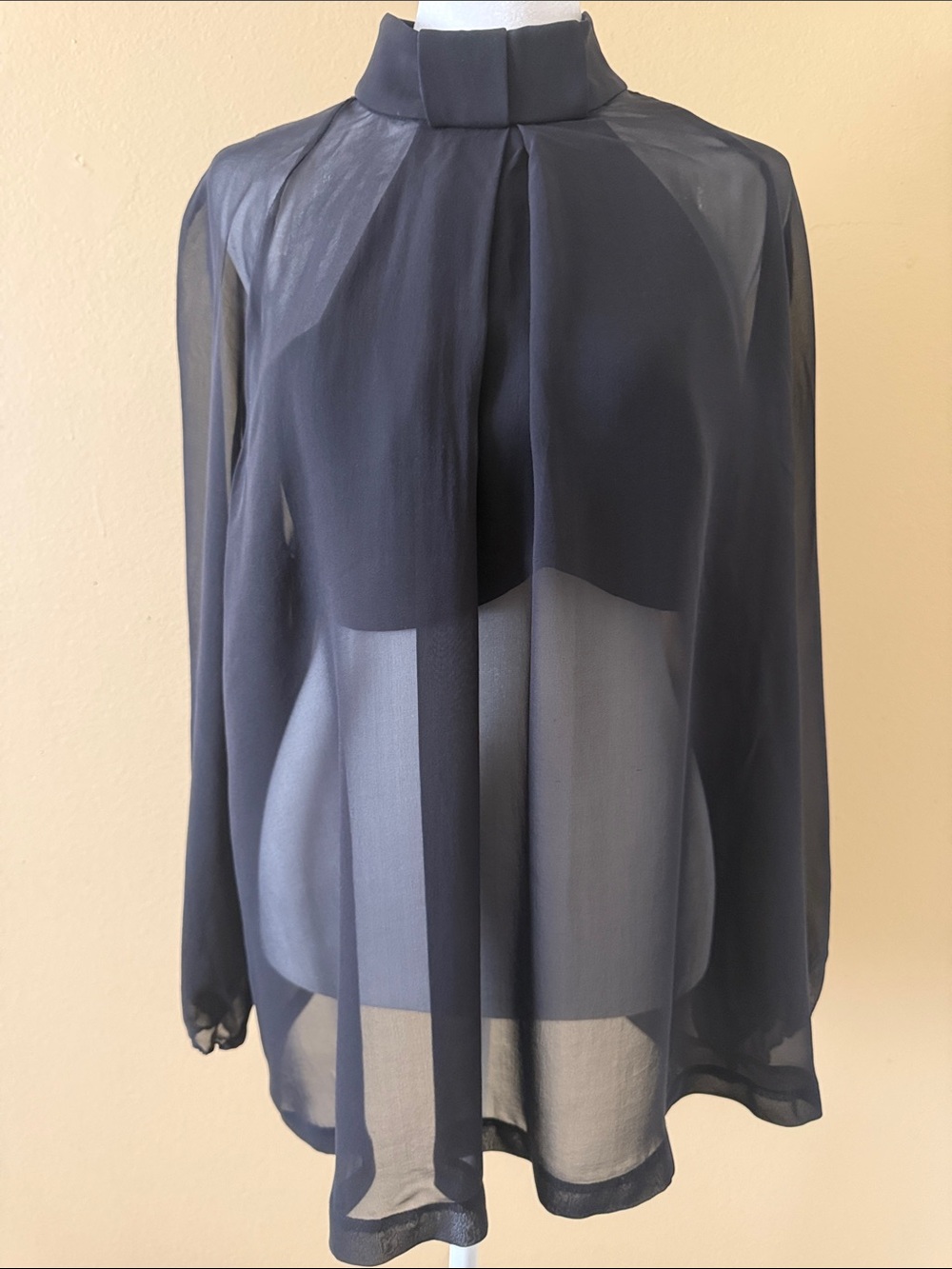 Robert Rodriguez Sheer High-Neck Long-Sleeve Blouse Silk Black Size 8